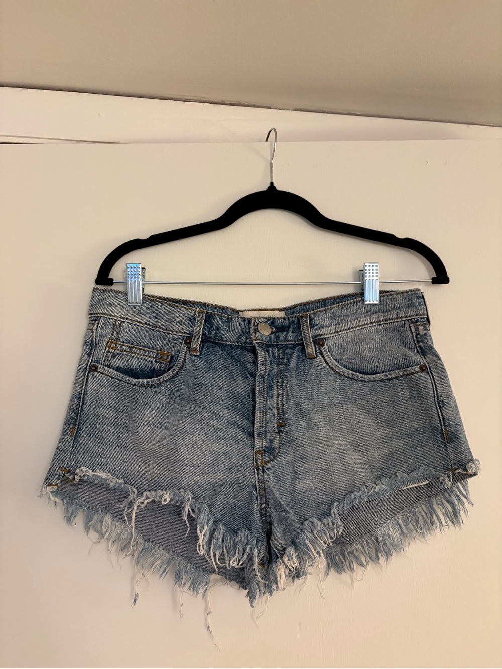 We The Free Light Blue Frayed Hem Denim Shorts